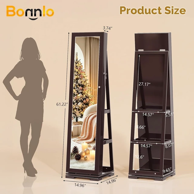 Alt view image 3 of 7 - 360° Swivel Jewelry Mirror Cabinet with Inside Makeup Mirror,Full Length Mirror with Jewelry Storage, Lockable Standing Jewelry Armoire Organizer, Espejo Oon Almacenamiento for Bedroom,Brown