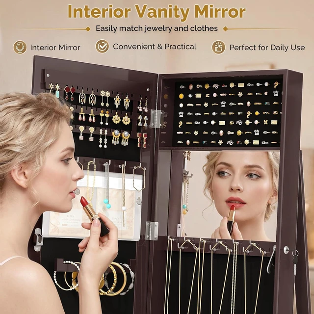 Alt view image 4 of 7 - 360° Swivel Jewelry Mirror Cabinet with Inside Makeup Mirror,Full Length Mirror with Jewelry Storage, Lockable Standing Jewelry Armoire Organizer, Espejo Oon Almacenamiento for Bedroom,Brown