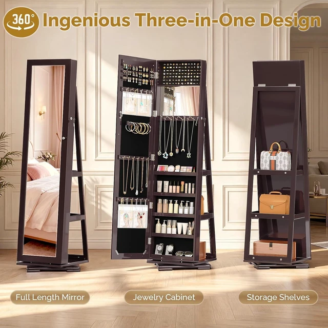 Alt view image 5 of 7 - 360° Swivel Jewelry Mirror Cabinet with Inside Makeup Mirror,Full Length Mirror with Jewelry Storage, Lockable Standing Jewelry Armoire Organizer, Espejo Oon Almacenamiento for Bedroom,Brown
