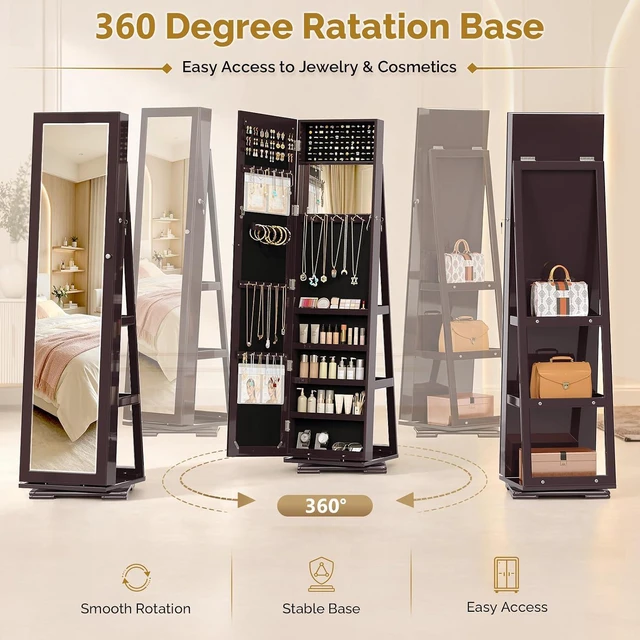 Alt view image 7 of 7 - 360° Swivel Jewelry Mirror Cabinet with Inside Makeup Mirror,Full Length Mirror with Jewelry Storage, Lockable Standing Jewelry Armoire Organizer, Espejo Oon Almacenamiento for Bedroom,Brown
