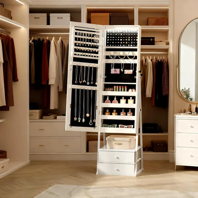 Alt view image 3 of 7 - LED Jewelry Cabinet Armoire, Lockable Standing Mirror with Jewelry Storage, Full Length Mirror with 2 Drawers, Large Capacity Jewelry Organizer for Women, Gift Idea, White