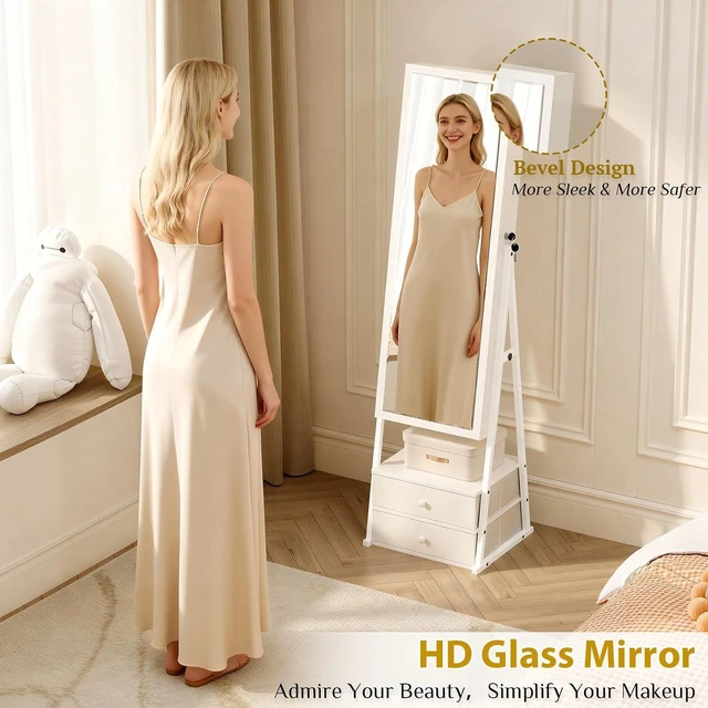 Alt view image 6 of 7 - LED Jewelry Cabinet Armoire, Lockable Standing Mirror with Jewelry Storage, Full Length Mirror with 2 Drawers, Large Capacity Jewelry Organizer for Women, Gift Idea, White