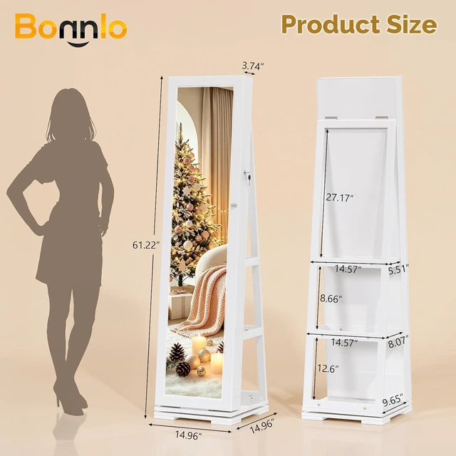 Alt view image 2 of 7 - 360° Swivel Jewelry Mirror Cabinet with Inside Makeup Mirror,Full Length Mirror with Jewelry Storage, Lockable Standing Jewelry Armoire Organizer, Espejo Oon Almacenamiento for Bedroom,White