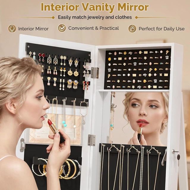 Alt view image 3 of 7 - 360° Swivel Jewelry Mirror Cabinet with Inside Makeup Mirror,Full Length Mirror with Jewelry Storage, Lockable Standing Jewelry Armoire Organizer, Espejo Oon Almacenamiento for Bedroom,White