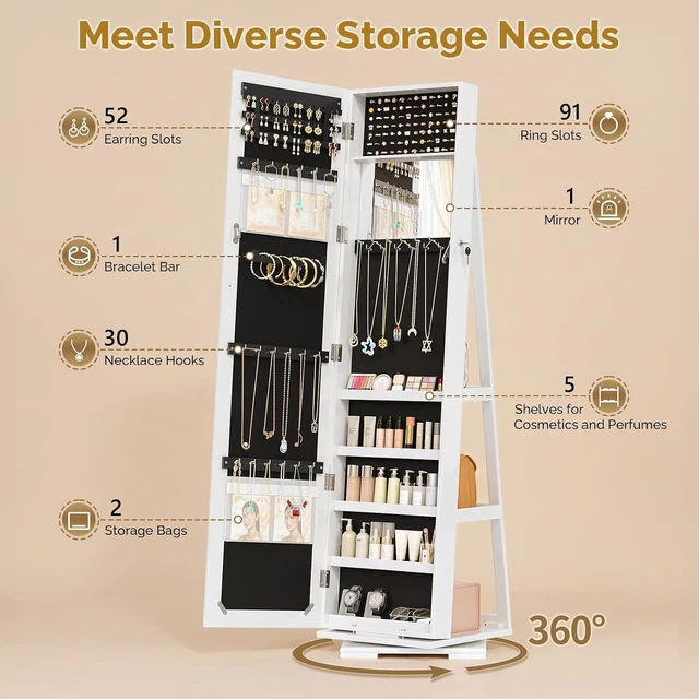Alt view image 4 of 7 - 360° Swivel Jewelry Mirror Cabinet with Inside Makeup Mirror,Full Length Mirror with Jewelry Storage, Lockable Standing Jewelry Armoire Organizer, Espejo Oon Almacenamiento for Bedroom,White