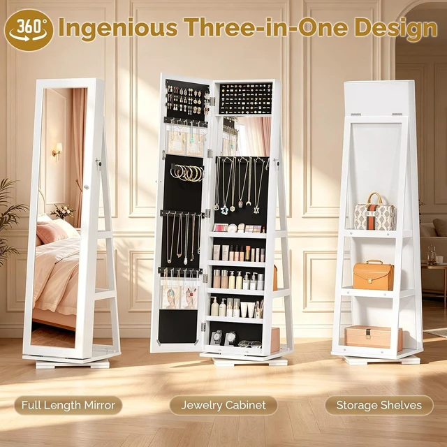 Alt view image 5 of 7 - 360° Swivel Jewelry Mirror Cabinet with Inside Makeup Mirror,Full Length Mirror with Jewelry Storage, Lockable Standing Jewelry Armoire Organizer, Espejo Oon Almacenamiento for Bedroom,White