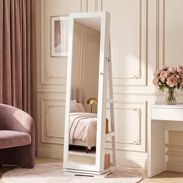 Alt view image 7 of 7 - 360° Swivel Jewelry Mirror Cabinet with Inside Makeup Mirror,Full Length Mirror with Jewelry Storage, Lockable Standing Jewelry Armoire Organizer, Espejo Oon Almacenamiento for Bedroom,White