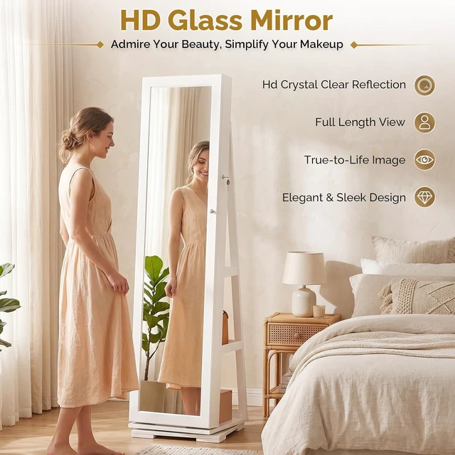 Alt view image 6 of 7 - 360° Swivel Jewelry Mirror Cabinet with Inside Makeup Mirror,Full Length Mirror with Jewelry Storage, Lockable Standing Jewelry Armoire Organizer, Espejo Oon Almacenamiento for Bedroom,White