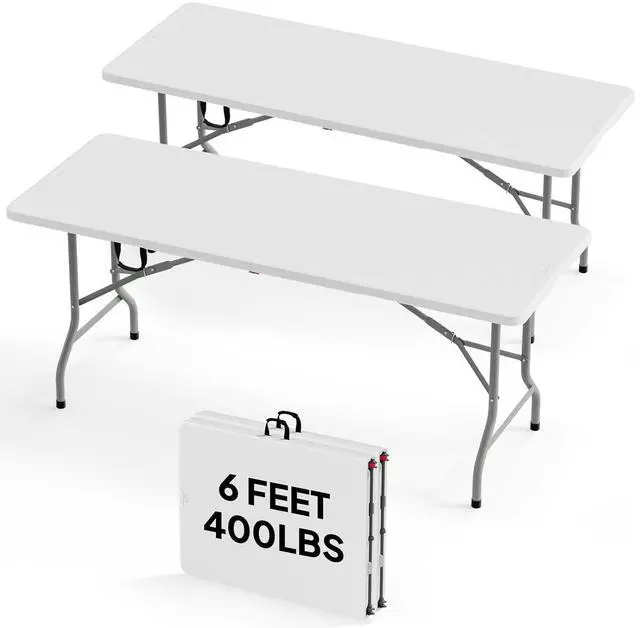Main image of 2P Folding Table 6ft, Portable Collapsible Plastic White Long Tables for Party, Camping, Banquet, Craft, Dining, Wedding, Outdoor and Indoor Use