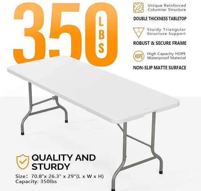 Alt view image 3 of 7 - 2P Folding Table 6ft, Portable Collapsible Plastic White Long Tables for Party, Camping, Banquet, Craft, Dining, Wedding, Outdoor and Indoor Use