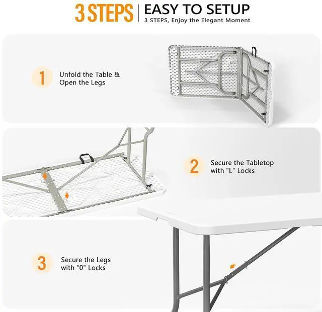 Alt view image 4 of 7 - 2P Folding Table 6ft, Portable Collapsible Plastic White Long Tables for Party, Camping, Banquet, Craft, Dining, Wedding, Outdoor and Indoor Use