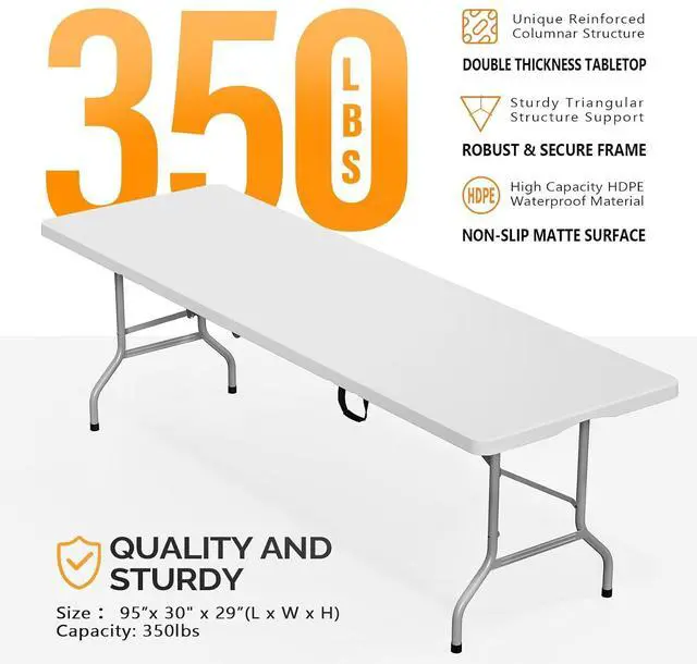 Alt view image 3 of 7 - Folding Table 8ft, Portable Collapsible Plastic White Long Tables for Party, Camping, Banquet, Craft, Dining, Wedding, Outdoor and Indoor Use