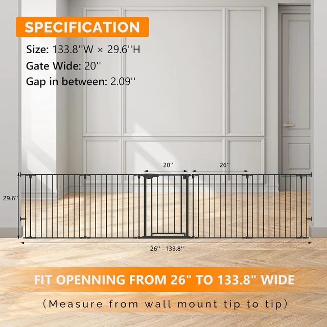 Alt view image 6 of 7 - 134 Inches Wide Configurable Baby Gate, Fireplace Safety Fence/Guard, Adjustable 5-Panel Metal Play Yard for Toddler/Pet/Dog, Christmas Tree Fence, Includes 4 Pack of Wall Mounts, Black