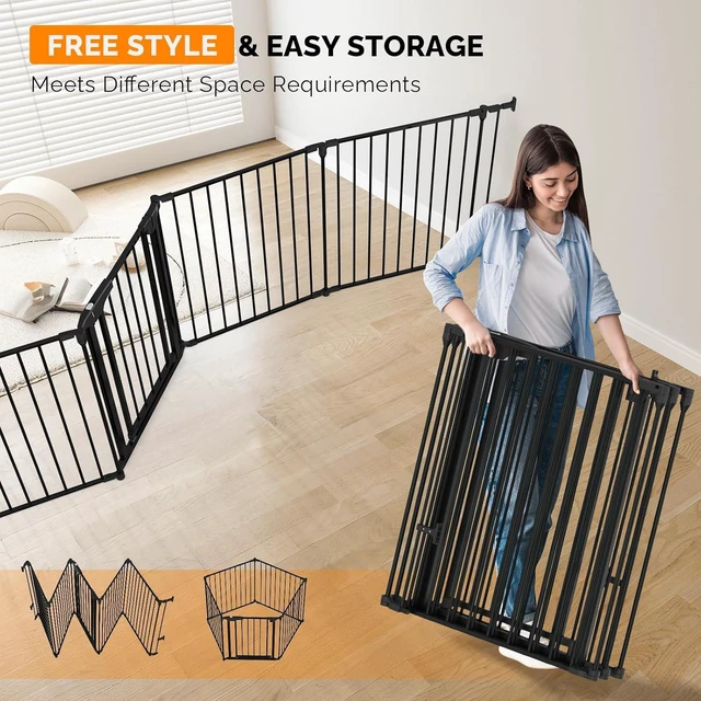 Alt view image 3 of 7 - 134 Inches Wide Configurable Baby Gate, Fireplace Safety Fence/Guard, Adjustable 5-Panel Metal Play Yard for Toddler/Pet/Dog, Christmas Tree Fence, Includes 4 Pack of Wall Mounts, Black