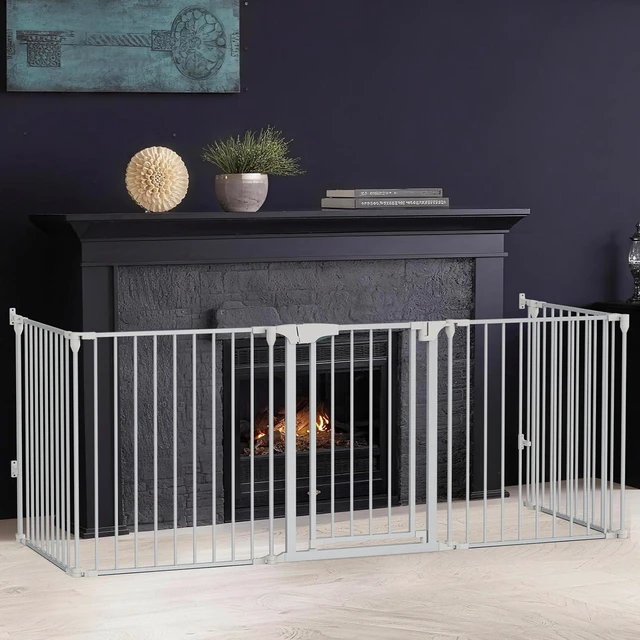 Alt view image 2 of 7 - 120-Inch Wide Metal Baby Safety Fence/Play Yard Adjustable Fireplace Hearth BBQ Fire Gate Christmas Tree Gate 5-Panel Playpen for Toddler/Pet/Puppy/Cat/Dog, 25.39"W x 29.3" H Each Panel, White