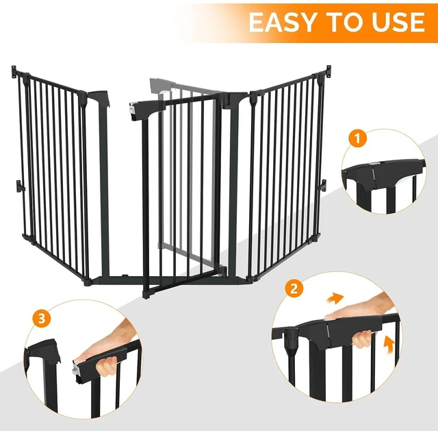 Alt view image 5 of 7 - 134 Inches Wide Configurable Baby Gate, Fireplace Safety Fence/Guard, Adjustable 5-Panel Metal Play Yard for Toddler/Pet/Dog, Christmas Tree Fence, Includes 4 Pack of Wall Mounts, Black