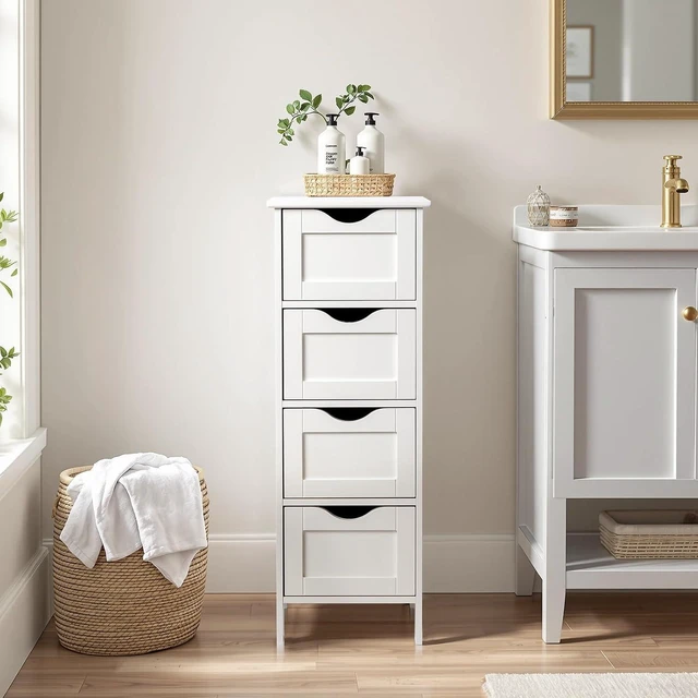 Alt view image 2 of 7 - Skinny Bathroom Floor Storage Cabinet,White 12 Inch Wide Deep Small Storage Organizer with 4 Drawers, Wooden Modern Thin Free Standing Tower Cabinet w/ 4 Cute Drawers for Bathroom, Living Room