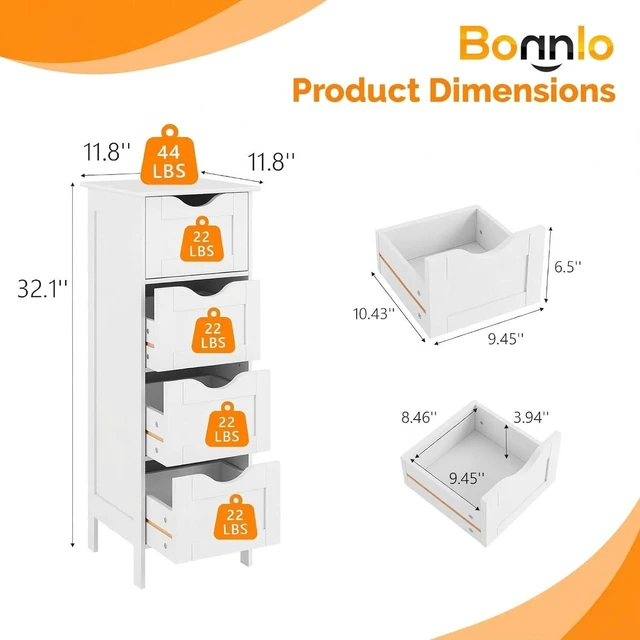 Alt view image 3 of 7 - Skinny Bathroom Floor Storage Cabinet,White 12 Inch Wide Deep Small Storage Organizer with 4 Drawers, Wooden Modern Thin Free Standing Tower Cabinet w/ 4 Cute Drawers for Bathroom, Living Room