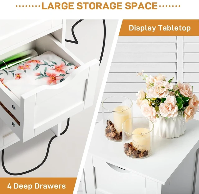 Alt view image 5 of 7 - Skinny Bathroom Floor Storage Cabinet,White 12 Inch Wide Deep Small Storage Organizer with 4 Drawers, Wooden Modern Thin Free Standing Tower Cabinet w/ 4 Cute Drawers for Bathroom, Living Room