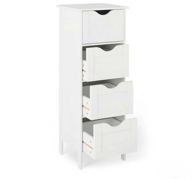 Alt view image 4 of 7 - Skinny Bathroom Floor Storage Cabinet,White 12 Inch Wide Deep Small Storage Organizer with 4 Drawers, Wooden Modern Thin Free Standing Tower Cabinet w/ 4 Cute Drawers for Bathroom, Living Room