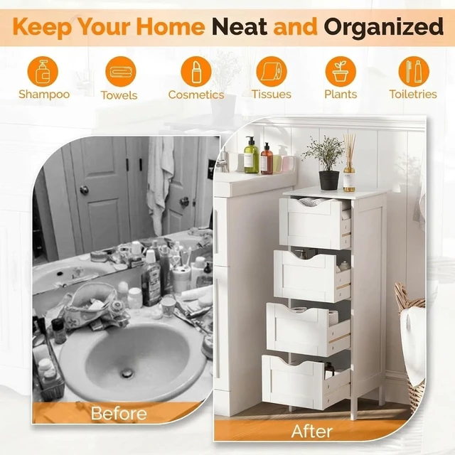 Alt view image 7 of 7 - Skinny Bathroom Floor Storage Cabinet,White 12 Inch Wide Deep Small Storage Organizer with 4 Drawers, Wooden Modern Thin Free Standing Tower Cabinet w/ 4 Cute Drawers for Bathroom, Living Room