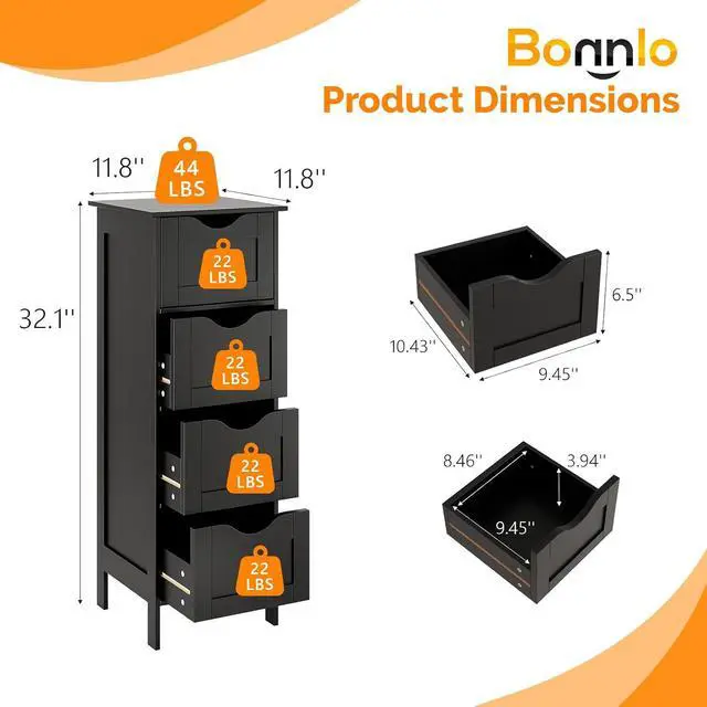 Alt view image 2 of 7 - Slim Bathroom Floor Cabinet, 4-Drawer Wooden Freestanding Storage Unit, Small Side Organizer for Narrow Spaces, Compact Bathroom Storage Cabinet for Kitchen, Hallway & Office, Matte Black