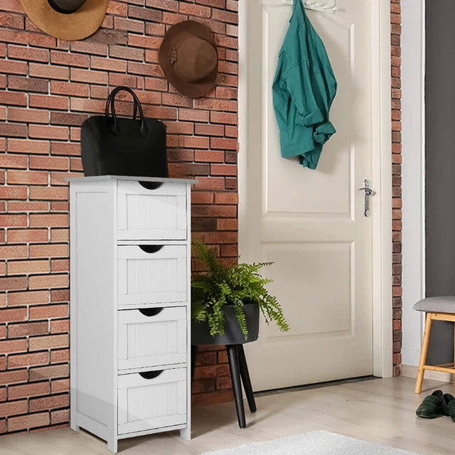 Alt view image 6 of 7 - Skinny Bathroom Floor Storage Cabinet,White 12 Inch Wide Deep Small Storage Organizer with 4 Drawers, Wooden Modern Thin Free Standing Tower Cabinet w/ 4 Cute Drawers for Bathroom, Living Room