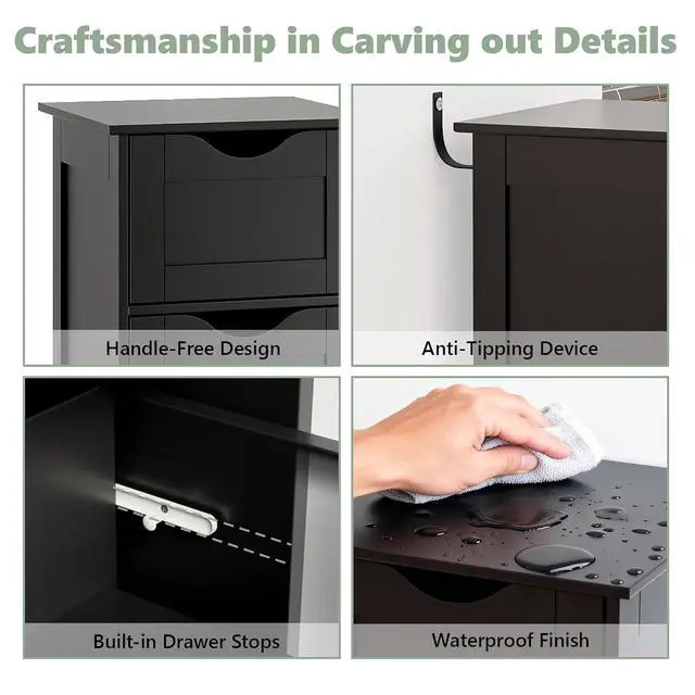 Alt view image 3 of 7 - Slim Bathroom Floor Cabinet, 4-Drawer Wooden Freestanding Storage Unit, Small Side Organizer for Narrow Spaces, Compact Bathroom Storage Cabinet for Kitchen, Hallway & Office, Matte Black