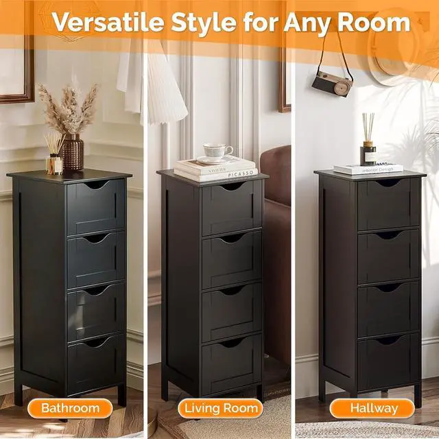 Alt view image 5 of 7 - Slim Bathroom Floor Cabinet, 4-Drawer Wooden Freestanding Storage Unit, Small Side Organizer for Narrow Spaces, Compact Bathroom Storage Cabinet for Kitchen, Hallway & Office, Matte Black