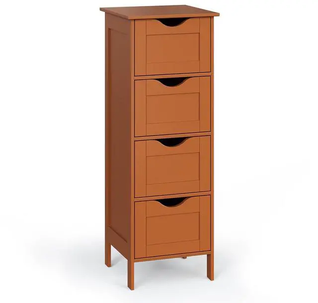 Main image of Skinny Bathroom Floor Storage Cabinet,White 12 Inch Wide Deep Small Storage Organizer with 4 Drawers, Brown Wooden Modern Thin Free Standing Tower Cabinet for Bathroom, Living Room