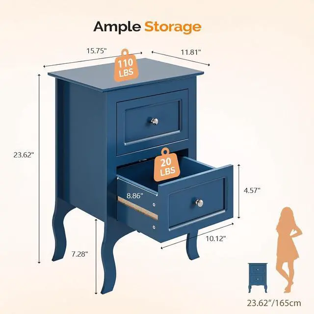 Alt view image 2 of 7 - Blue Nightstand Set of 2, Blue Night Stands with Drawers for Bedroom, Kids Room, Living Room, Wood, 15.75" W x 11.8" D x 23.6" H