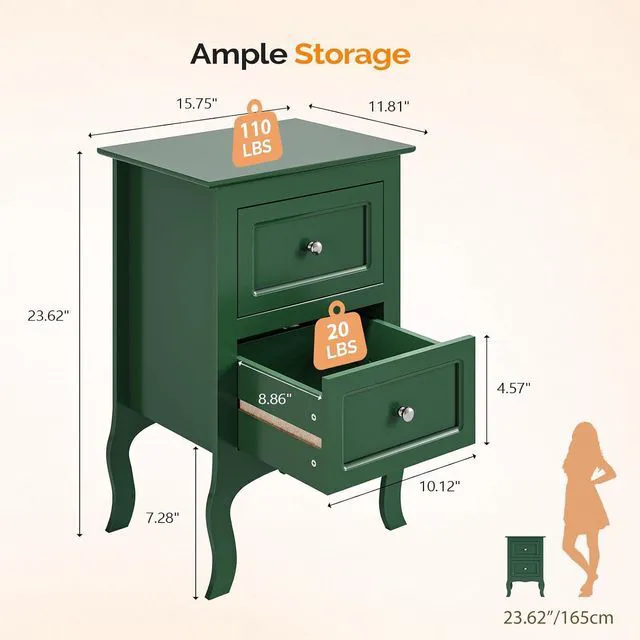 Alt view image 2 of 7 - Green Nightstand with Drawers for Bedroom, Green Night Stand Bedside Table for Small Spaces, Kids Room, Living Room, Dorm, French, 15.75" W x 11.8" D x 23.6" H