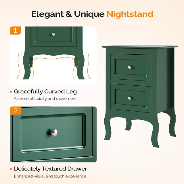 Alt view image 3 of 7 - Green Nightstand with Drawers for Bedroom, Green Night Stand Bedside Table for Small Spaces, Kids Room, Living Room, Dorm, French, 15.75" W x 11.8" D x 23.6" H