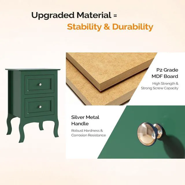 Alt view image 4 of 7 - Green Nightstand with Drawers for Bedroom, Green Night Stand Bedside Table for Small Spaces, Kids Room, Living Room, Dorm, French, 15.75" W x 11.8" D x 23.6" H