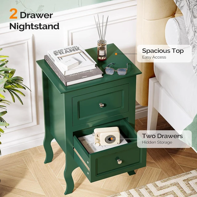 Alt view image 7 of 7 - Green Nightstand with Drawers for Bedroom, Green Night Stand Bedside Table for Small Spaces, Kids Room, Living Room, Dorm, French, 15.75" W x 11.8" D x 23.6" H