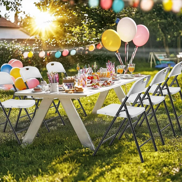 Alt view image 2 of 7 - 8-Pack White Plastic Folding Chairs, Portable Seat with Sturdy Steel Frame for Indoor & Outdoor Use, Perfect for Banquet, Party, Wedding, Office, and Camping