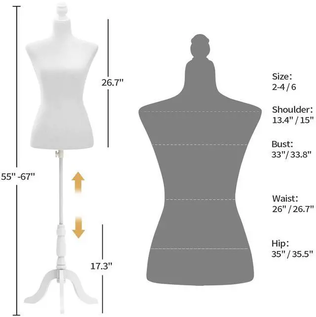 Alt view image 2 of 7 - Female Dress Form Pinnable Mannequin Body Torso with Wooden Tripod Base Stand (White, 2-4)