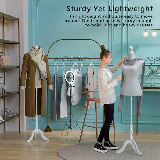 Alt view image 6 of 7 - Female Dress Form Pinnable Mannequin Body Torso with Wooden Tripod Base Stand (White, 2-4)
