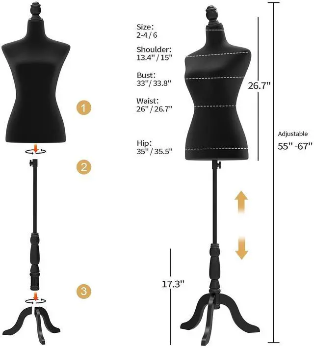 Alt view image 2 of 7 - Female Dress Form Pinnable Mannequin Body Torso with Wooden Tripod Base Stand (Black, 6)