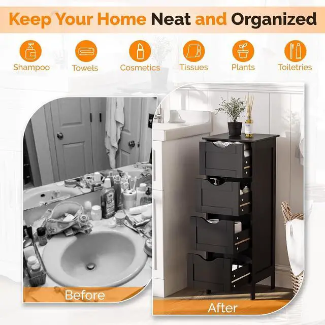 Alt view image 6 of 7 - Slim Bathroom Floor Cabinet, 4-Drawer Wooden Freestanding Storage Unit, Small Side Organizer for Narrow Spaces, Compact Bathroom Storage Cabinet for Kitchen, Hallway & Office, Matte Black