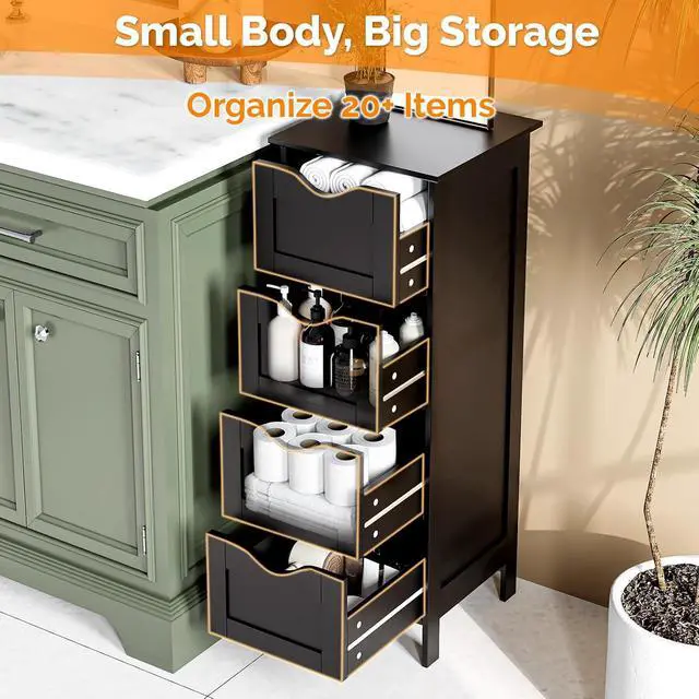Alt view image 7 of 7 - Slim Bathroom Floor Cabinet, 4-Drawer Wooden Freestanding Storage Unit, Small Side Organizer for Narrow Spaces, Compact Bathroom Storage Cabinet for Kitchen, Hallway & Office, Matte Black