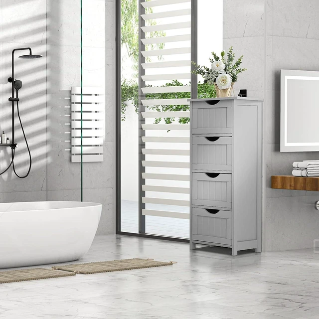 Alt view image 2 of 7 - Skinny Bathroom Floor Storage Cabinet, 12 Inch Wide Deep Small Storage Organizer with 4 Drawers, Wooden Modern Grey Thin Free Standing Tower Cabinet w/ 4 Cute Drawers for Bathroom, Living Room