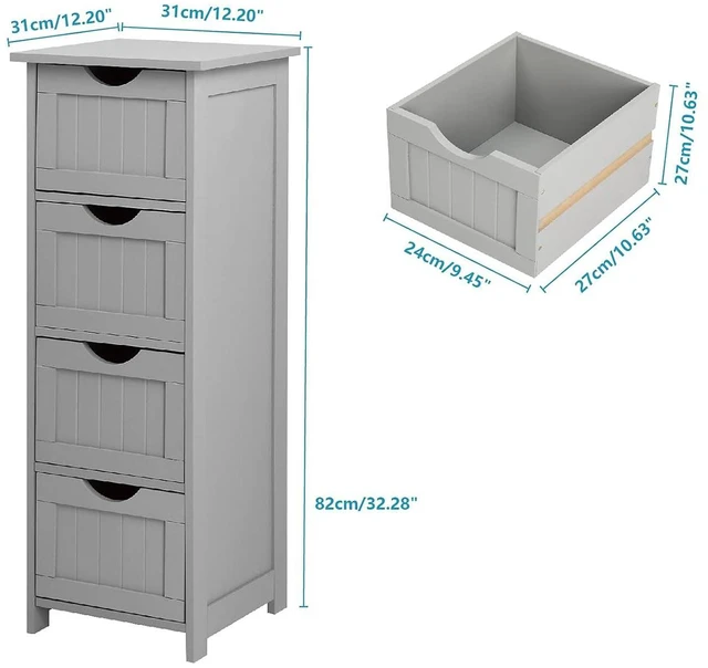 Alt view image 3 of 7 - Skinny Bathroom Floor Storage Cabinet, 12 Inch Wide Deep Small Storage Organizer with 4 Drawers, Wooden Modern Grey Thin Free Standing Tower Cabinet w/ 4 Cute Drawers for Bathroom, Living Room
