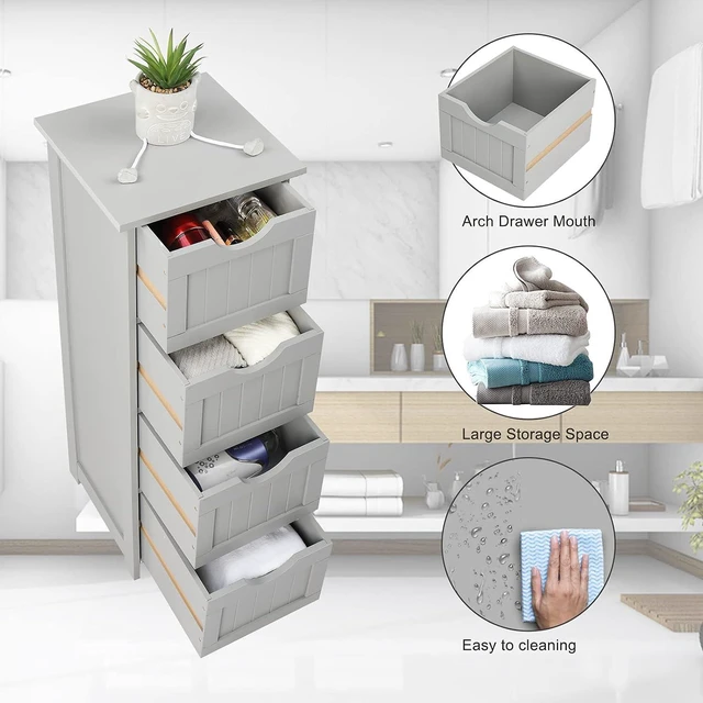 Alt view image 4 of 7 - Skinny Bathroom Floor Storage Cabinet, 12 Inch Wide Deep Small Storage Organizer with 4 Drawers, Wooden Modern Grey Thin Free Standing Tower Cabinet w/ 4 Cute Drawers for Bathroom, Living Room
