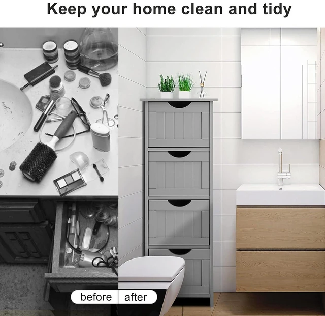 Alt view image 5 of 7 - Skinny Bathroom Floor Storage Cabinet, 12 Inch Wide Deep Small Storage Organizer with 4 Drawers, Wooden Modern Grey Thin Free Standing Tower Cabinet w/ 4 Cute Drawers for Bathroom, Living Room
