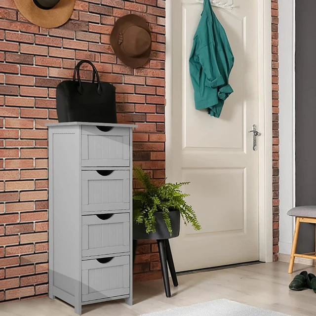 Alt view image 7 of 7 - Skinny Bathroom Floor Storage Cabinet, 12 Inch Wide Deep Small Storage Organizer with 4 Drawers, Wooden Modern Grey Thin Free Standing Tower Cabinet w/ 4 Cute Drawers for Bathroom, Living Room