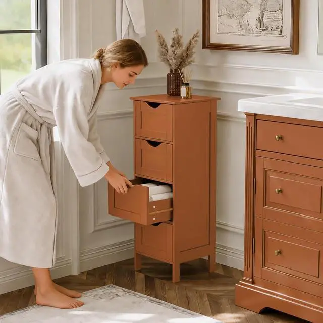 Alt view image 2 of 7 - Skinny Bathroom Floor Storage Cabinet,White 12 Inch Wide Deep Small Storage Organizer with 4 Drawers, Brown Wooden Modern Thin Free Standing Tower Cabinet for Bathroom, Living Room