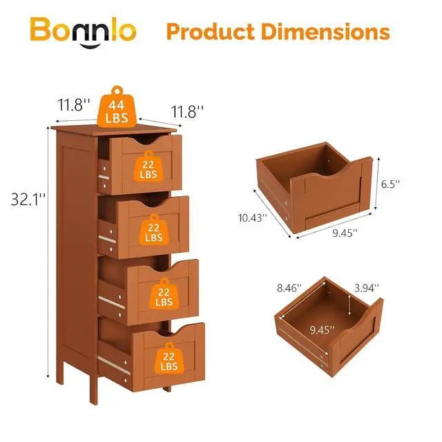 Alt view image 3 of 7 - Skinny Bathroom Floor Storage Cabinet,White 12 Inch Wide Deep Small Storage Organizer with 4 Drawers, Brown Wooden Modern Thin Free Standing Tower Cabinet for Bathroom, Living Room