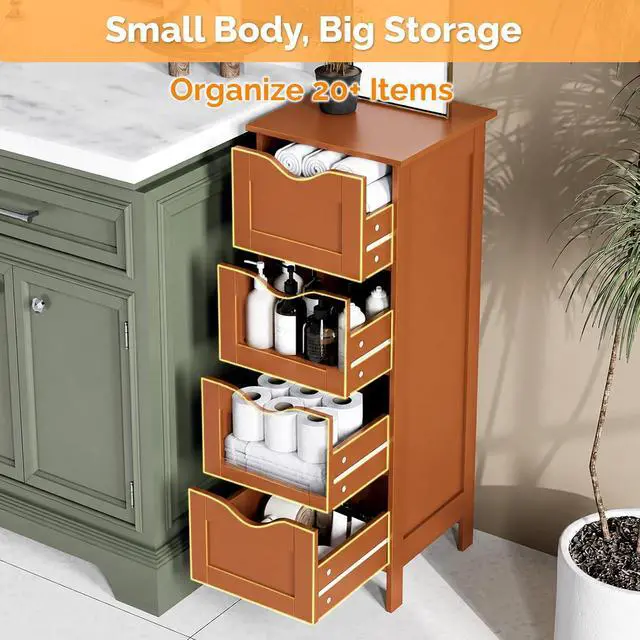 Alt view image 4 of 7 - Skinny Bathroom Floor Storage Cabinet,White 12 Inch Wide Deep Small Storage Organizer with 4 Drawers, Brown Wooden Modern Thin Free Standing Tower Cabinet for Bathroom, Living Room