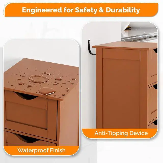 Alt view image 6 of 7 - Skinny Bathroom Floor Storage Cabinet,White 12 Inch Wide Deep Small Storage Organizer with 4 Drawers, Brown Wooden Modern Thin Free Standing Tower Cabinet for Bathroom, Living Room